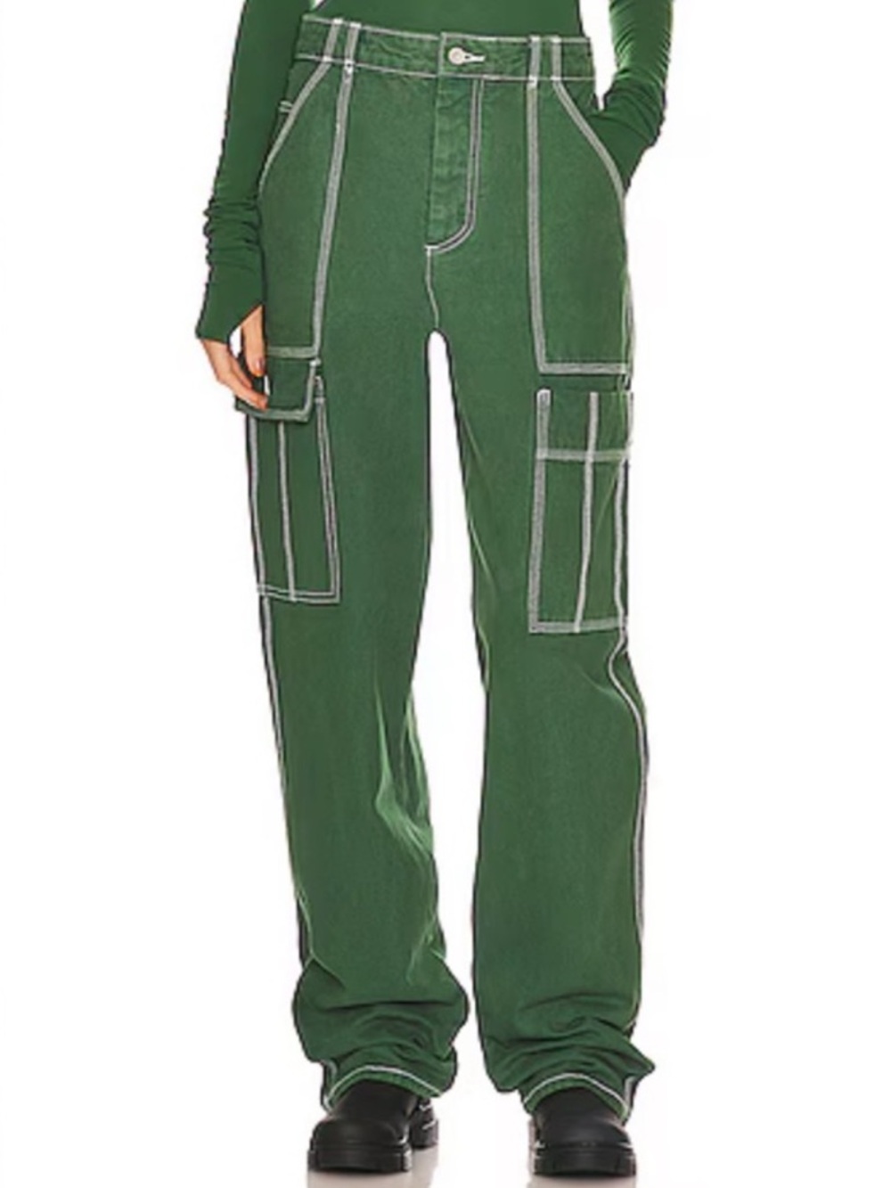 Helsa Green Contrast-Stitch Cargo Pants